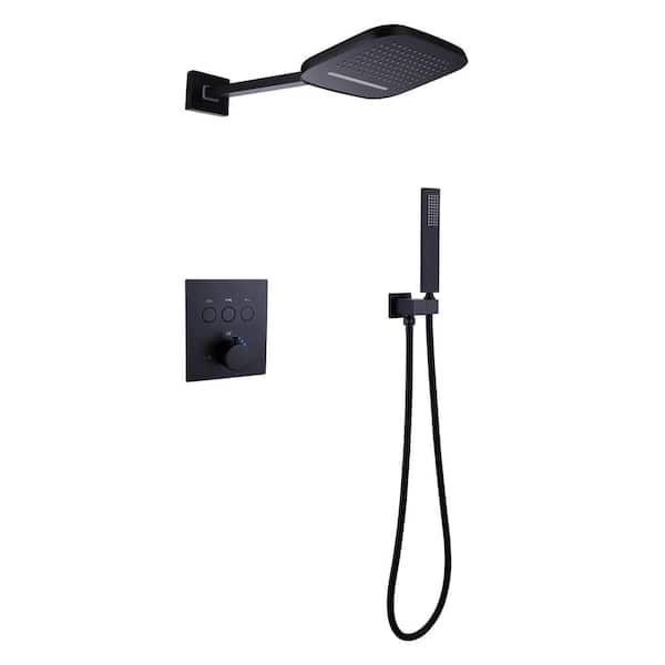 FLG Thermostatic Single Handle 2-Spray Shower Faucet 1.8 GPM with Anti Scald Brass Wall Mount Shower System in Matte Black