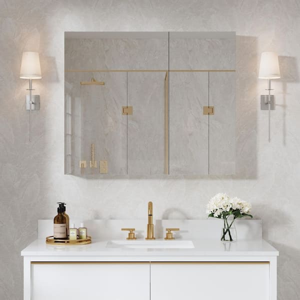 WELLFOR ROSA 36 in. W x 30 in. H Rectangular Aluminum Tri-View Medicine Cabinet with Mirror, Blum Hinge, Adjustable Shelves