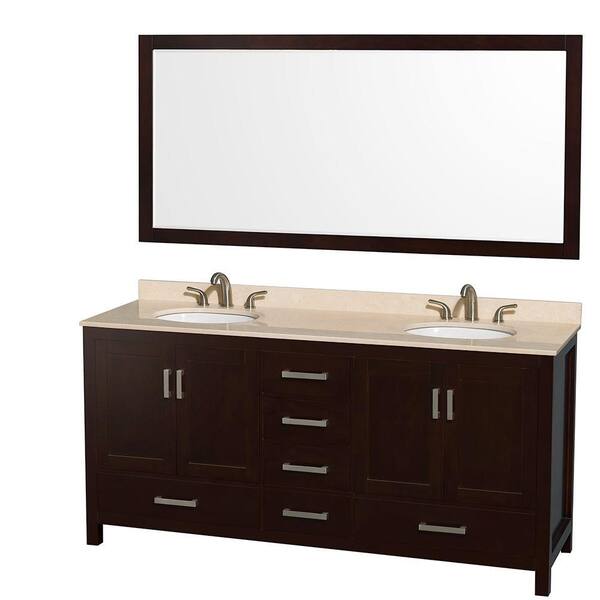 Wyndham Collection Sheffield 72 in. Double Vanity in Espresso with Marble Vanity Top in Ivory and 70 in. Mirror