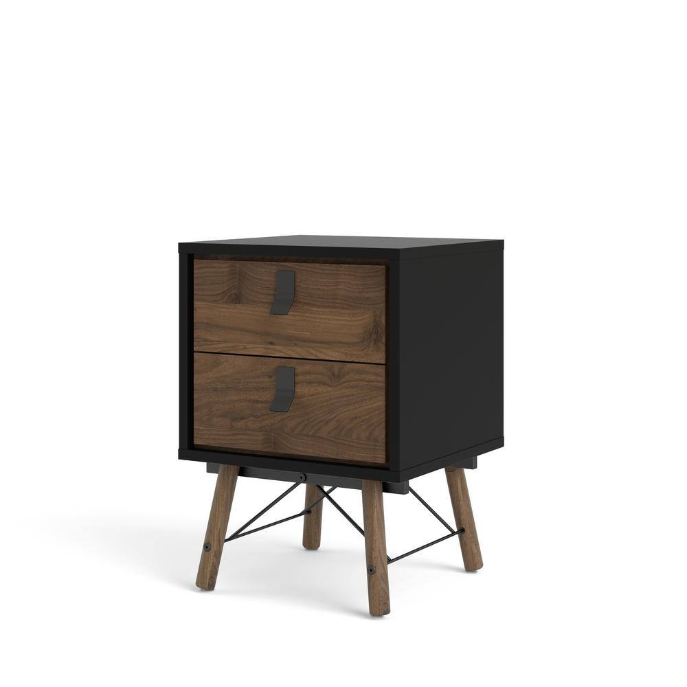 Ry Black Matte and Walnut 2-Drawer Nightstand