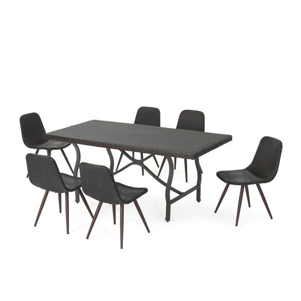 Noble House Nina Multi Brown 7 Piece Plastic Rectangular Outdoor Dining Set With Foldable Table 20546 Plastic Rectangular Outdoor Dining Set, Brown Plastic Garden Table And Chairs