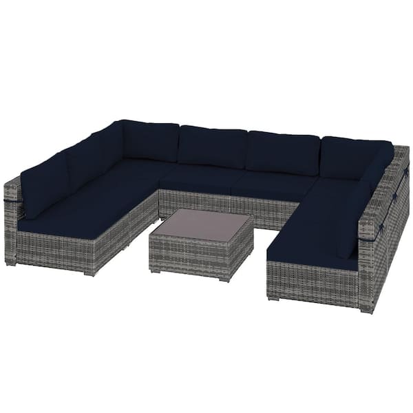 PATIOGUARDER 9-Piece Gray Wicker Patio Conversation Set with Navy Blue Cushions and Coffee Table
