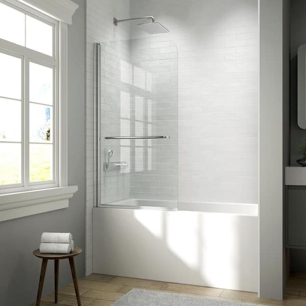 34 in. W x 58 in. H Pivot Framless Tub Door in Chrome with Clear Tempered Glass