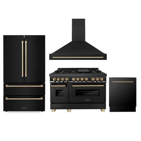 ZLINE Kitchen and Bath 48 in. Autograph Kitchen Package with 7-Burner Range, Range Hood Dishwasher, Refrigeration with Champagne Bronze Accent