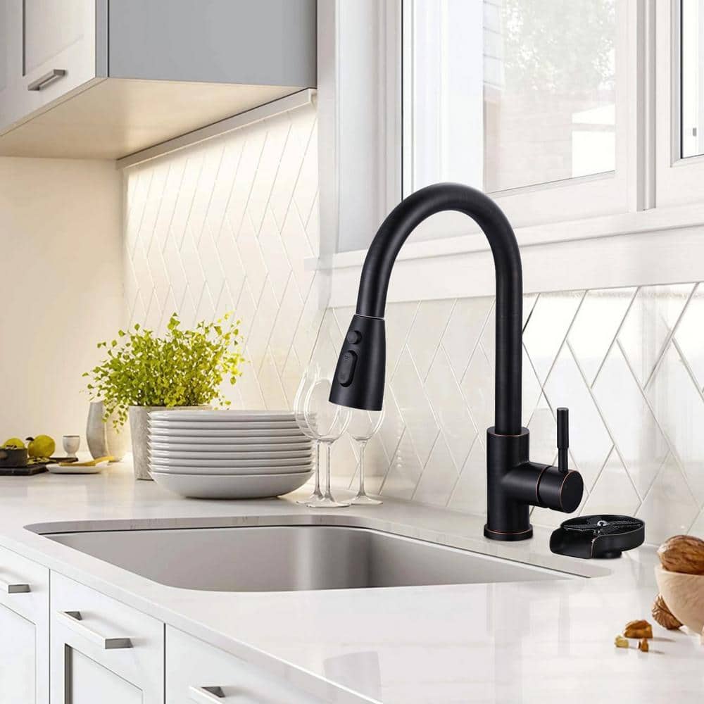 Oil Rubbed Bronze Single Handle Pull-Down Kitchen Faucet with Deckplate