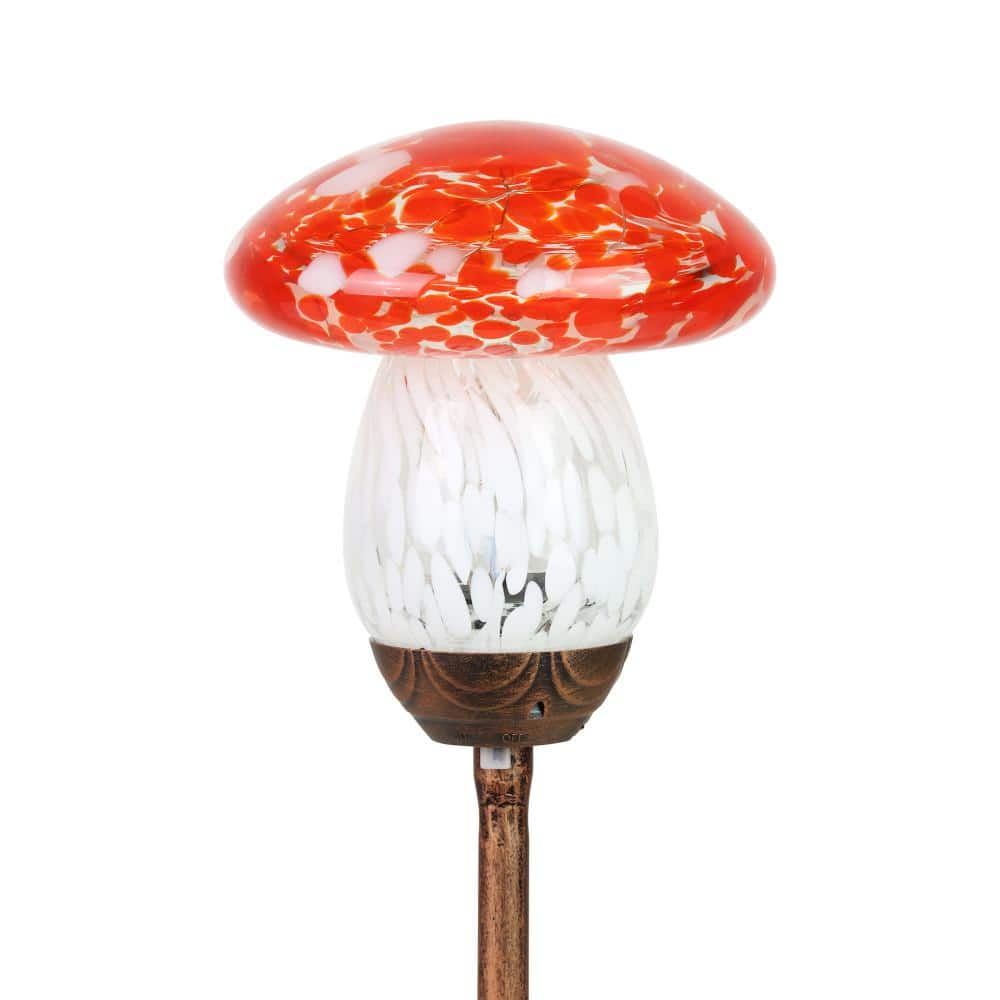 Solar Red and White Glass Mushroom Garden Stake Light