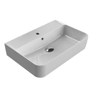 Hera Modern White Ceramic Rectangular Wall Mounted Sink with Single Faucet Hole