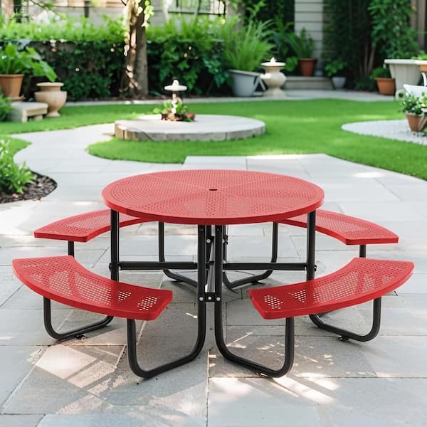 46 in. Red Round Galvanized Steel Picnic Table Seating up to 8 People with Umbrella Hole