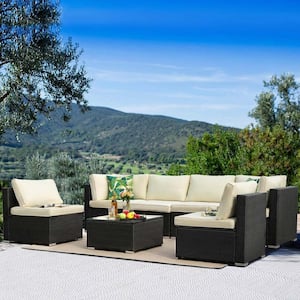 7 Pieces Black Wicker Outdoor Patio Conversation Set with Beige Cushions, Coffee Table, for Garden, Poolside