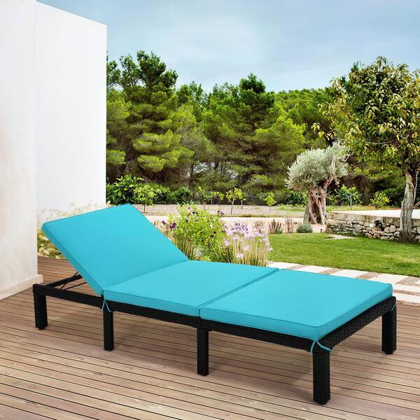 Unbranded Black 1-Piece Wicker Outdoor Chaise Lounge with Blue Cushion