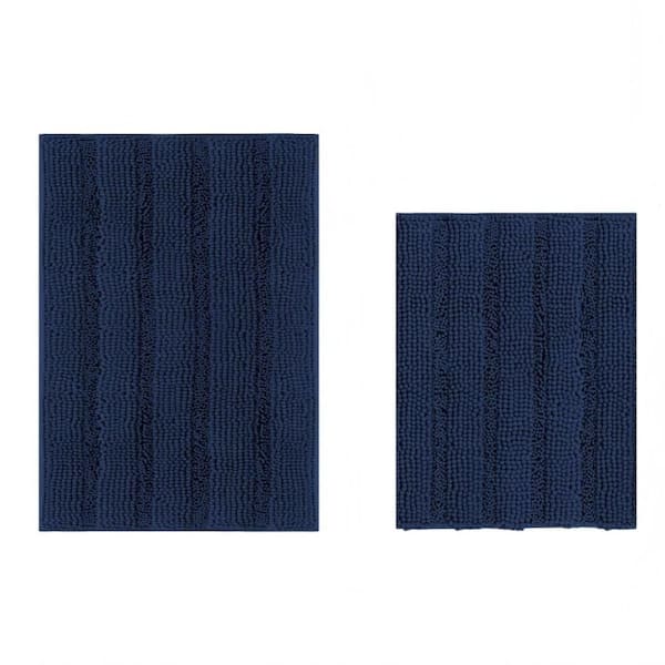2-Piece Bathroom Rugs, 20 in. x 32 in. Extra Thick Chenille Striped Pattern Shaggy Bath Mats, Non Skid Bath Mat in Blue