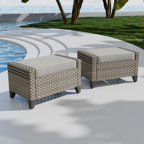 COOS BAY 2-Piece Brown Wicker Outdoor Ottoman Patio Rattan Footstool with Removable Gray Cushions