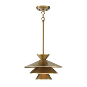 Meridian 14 in. W x 8 in. H 1-Light Natural Brass Empire Metal Pendant Light