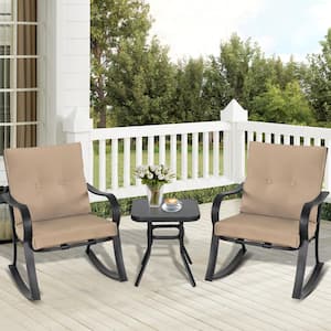 3-Piece Metal Outdoor Bistro Set Rocking Chairs with Brown Cushions