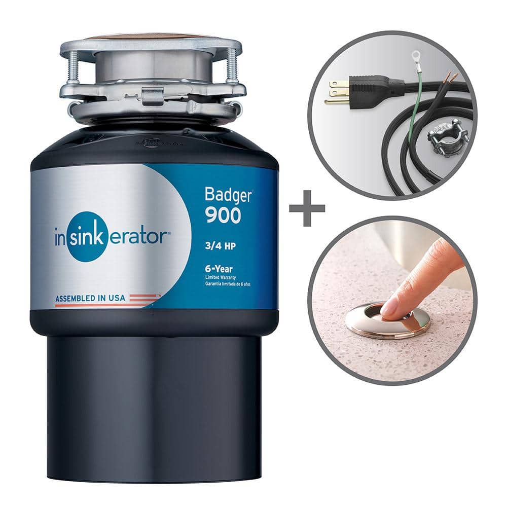 InSinkErator Badger 900 Lift & Latch Power Series 3/4 HP Continuous Feed Garbage Disposal w/ Power Cord & Air Switch in Satin Nickel