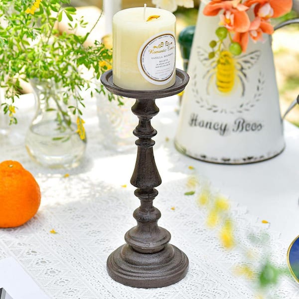 Antique Black Brown Cast Iron Pillar Candle Holder 9.6 in. Tall