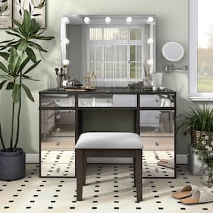 Dougou 3-Piece Gray Makeup Vanity Set with Mirrored panels, Lights, and Power Ports