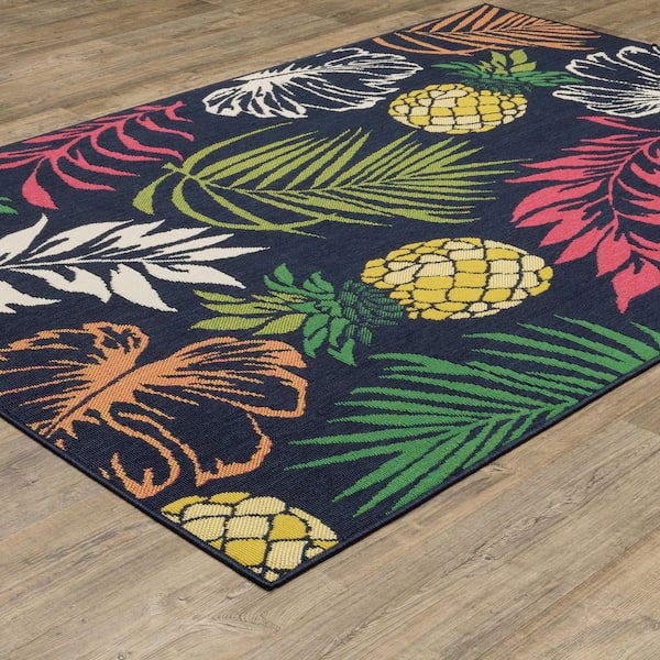 Hibiscus Navy/Multi Doormat 3 ft. x 5 ft. Lush Botanical Floral Polypropylene Indoor/Outdoor Area Rug