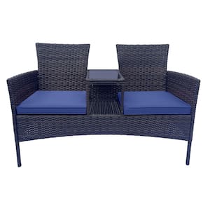 Brown Wicker Outdoor Loveseat with Tempered Glass Table Top and Blue Cushions for Garden Lawn and Backyard