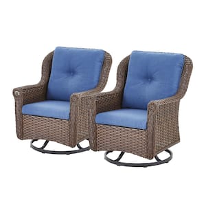 Chrysanthemum Armrest Series 2-Pack Outdoor Swivel Brown Wicker Glider Rocking Chair with CushionGuard Blue Cushions