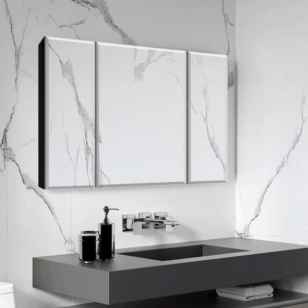 Unbranded 36 in. W x 26 in. H Black Aluminum Framed Rectangular Wall Mount/Recessed Bathroom Medicine Cabinet with Mirror