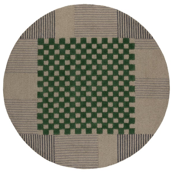 Genre 6 ft. x 6 ft. Gray/Green Check Round Rug