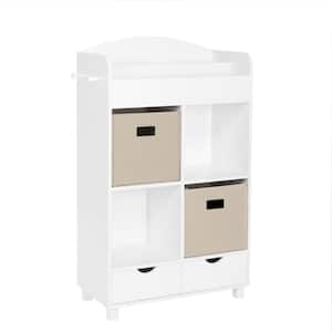 Kids White Cubby Storage Cabinet with Bookrack with 2-Piece Taupe Bins