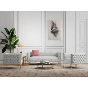 Vector 3-Piece Grey and Gold Velvet Sofa and Armchair Living Room Set