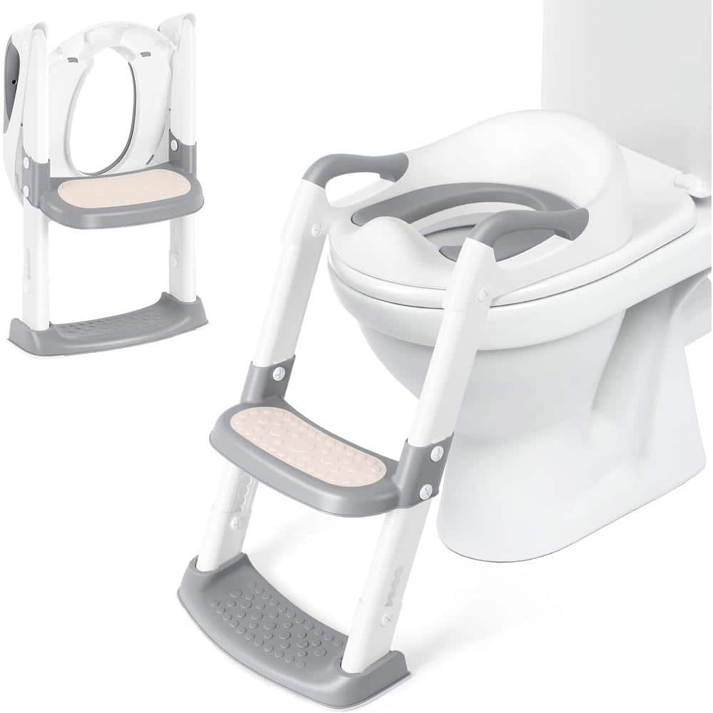 Oumilen Toddler Round Front Toilet Seat with Step Stool Foldable Potty Training Seat in Gray