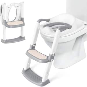 Toddler Round Front Toilet Seat with Step Stool Foldable Potty Training Seat in Gray White