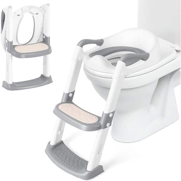 Oumilen Toddler Round Front Toilet Seat with Step Stool Foldable Potty Training Seat in Gray White