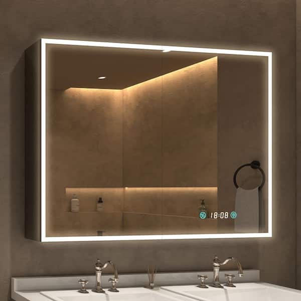 FAMYYT 48 in. W x 36 in. H Black Rectangular Aluminum Dimmable Flowing LED Light Surface Mount Medicine Cabinet with Mirror