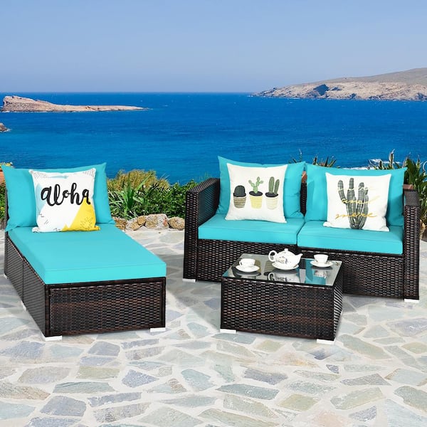 Costway 5-Pieces Plastic Rattan Outdoor Sectional Set with Turquoise Cushion
