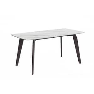Krevor Series Modern White Stone 62 in. Rectangular Wide Tabletop and 4 Legs Black Steel Dining Table Seats 6