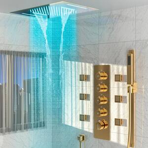 15-Spray 23 in. L x 15 in. W LED 2.5 GPM Flush Ceiling Mount Waterfall Fixed and Handheld Shower Head in Brushed Gold