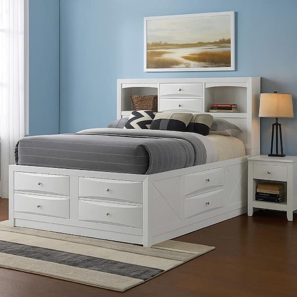 Benjara White Wood Frame Full Size Platform Bed with Bookcase Headboard and 8-Drawer