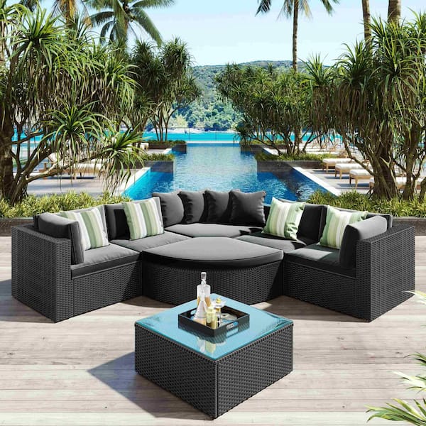 Polibi 7-Piece Black Wicker Frame Outdoor Patio Conversation Sectional Seating Set with Gray Cushions and Colorful Pillows