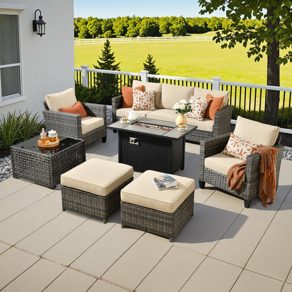 Daphne 7-Piece Wicker Outdoor Patio Conversation Sofa Seating Chair Set with Metal Fire Pit and Beige Cushions price history on PriceWatchPro