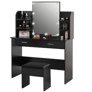 Black Modern Wooden Vanity Dressing Table with 2-Drawers, LED Mirror and Stool