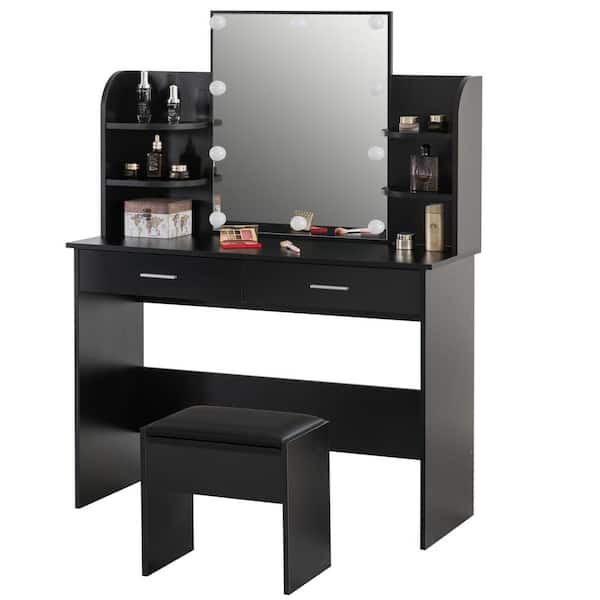 Basicwise Black Modern Wooden Vanity Dressing Table with 2-Drawers, LED Mirror and Stool