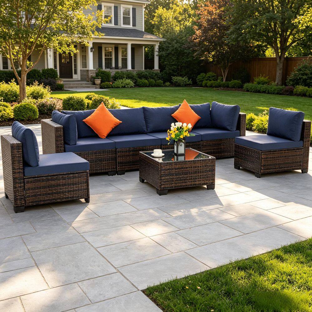 7-Piece Rattan Patio Conversation Set Outdoor Sectional Sofa Set in Brown with Blue Cushion price history on PriceWatchPro