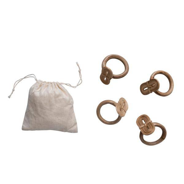 Natural Bamboo Woven Napkin Rings with Linen Bag, Set of 4
