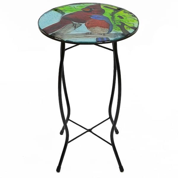 Northlight 19 in. Blue and Red Cardinal Glass Patio Side Table