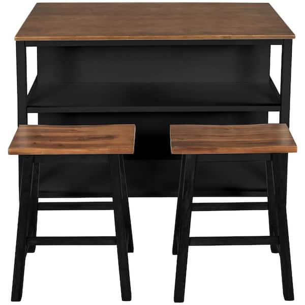 Xspracer Oasis Black Wood 45 in. Kitchen Island with 2 Seatings and 2 Open Shelves