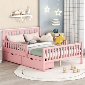 Pink Wood Frame Full Size Platform Bed with Guardrails on Both Sides and 2-Storage Drawers