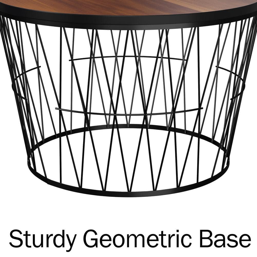 Mid-Century Modern Round Walnut & Black Coffee Table with Geometric Base