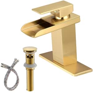 Single-Handle Single-Hole Waterfall Bathroom Sink Faucet with Pop-up Drain Kit and Deckplate Included in Brushed Gold