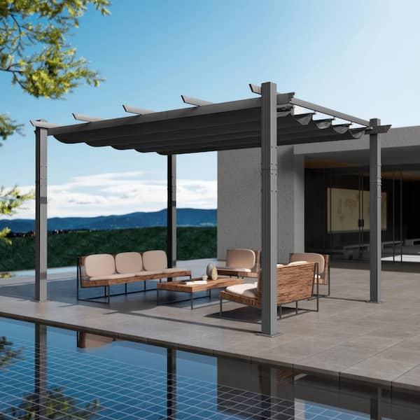 VEIKOUS 13 ft. W x 10 ft. D Aluminum Pergola Outdoor with Dark Gray  Retractable Canopy PG0202-02-9 - The Home Depot