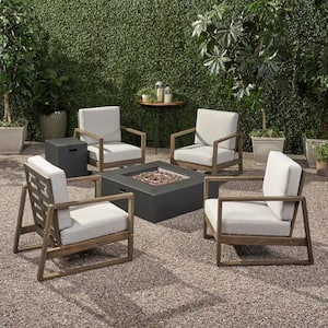 Belgian Grey 6-Piece Wood Patio Fire Pit Seating Set with Light Grey Cushions