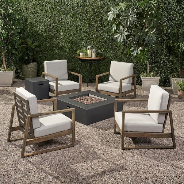 Noble House Belgian Grey 6-Piece Wood Patio Fire Pit Seating Set with Light Grey Cushions